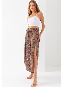 Resim Kadın Beli Lastikli İçi Şortlu Yırtmaçlı Şalvar Pantolon Hardal - F394 Hardal 