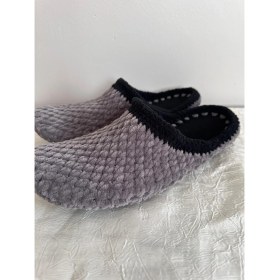 Resim El Örgüsü Kadife Ip Gri Siyah Şeritli Ev Terliği 