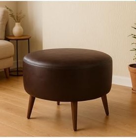 Resim Acı Kahve Yuvarlak Deri Puf - 60 cm Çap, 46 cm Yükseklik, Modern Ceviz Ayaklı 