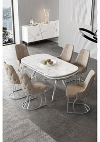 Resim Canisa Epal Serisi 90x168 Lak Panel Beyaz Mermer Desen Masa Takımı Krom Ayaklı 6 Cappucino Sandalye Beyaz Mermer Desen Masa Sandalyeler Cappucino 