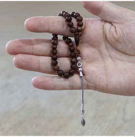 Resim Tesbihname Kuka Tesbih - 925 Ayar Gümüş Püsküllü - Bilek Boy - Koyu Kahverengi - Küre Kesim 