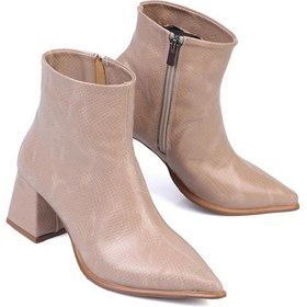 Resim Shoetek Sanche Kadın Bot Kalın Topuklu Fermuarlı Kroko Desenli Bej Deri Bej Kroko 