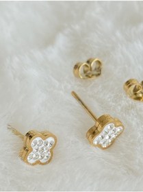 Resim Rednose Dört Yapraklı Yonca Gold Beyaz Taşlı Çelik Küpe 0.6 CM 