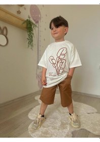 Resim Miniko Kids Erkek Çocuk Keten Şortlu Cep Modelli Pamuk Şortlu Takım Ekru 