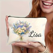 Resim Özel Çiçek Desenli Büyük Kapasiteli Fermuarlı Kozmetik Çantası, Kadınlar İçin Hafif Seyahat Makyaj Çantası, Arkadaşlar, Aile, Öğretmenler İçin Uygun (Doğum Günü, Düğün, Tatiller), Kişiselleştirilmiş Hediye, Karikatür Hayvan Tasarımı, Görünür Fermuar Kapatma 