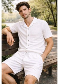 Resim Efnaz Style Erkek Waffle Kumaş Kısa Kollu Gömlek Şort Takım Regular Fit Yazlık İkili Set - Beyaz 