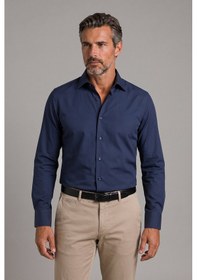 Resim Bisse Lacivert Regular Fit Modern Pamuk Cepsiz Klasik Yaka Uzun Gömlek Gmkls250066 C39 