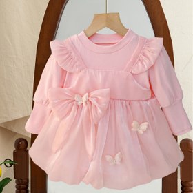 Resim Kızlar için Pembe Prenses Parti Elbisesi, Kurdele Detayı ve Kelebek Süslemeleri ile - Uzun Kollu, Yıldızlı, Pembe Prenses Elbisesi, Yumuşak Esnek Kumaş, Bahar/Sonbahar, Doğum Günü, Düğün, Fotoğraf Çekimi, Prenses Elbisesi, Fotoğraf Çekimi Kıyafeti, Dekoratif Kurdele Detayı, Pürüzsüz Dokulu 