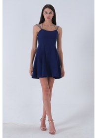 Resim Feminist Saks İnce Askılı Sırt Dekolteli V Yaka Kloş Abiye Elbise & Mezuniyet Elbisesi 0104026.26 Saks 