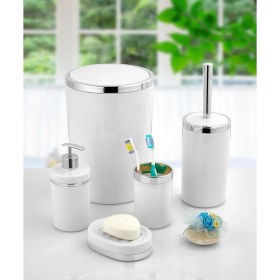 Resim Imera Akrilik Yapım Gümüş Çizgi Banyo Takımı 5'li Yuvarlak Banyo Seti Beyaz 