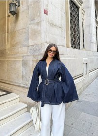 Resim mega lucky Kadın Lacivert Denim Ceket Kemerli Modern Tasarım 