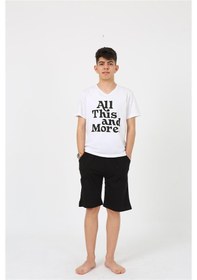 Resim Akbeniz Erkek Genç Garson Boy Kısa Kol Beyaz Penye Şortlu Pijama Takımı 20377 
