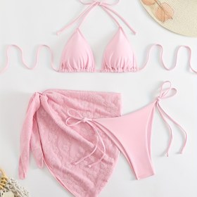 Resim Kadınlar için Yüksek Esneklikli Kumaş, V Yaka, Kolsuz Mayo, Plaj Giyim|Dantelli Bikini|Esnek Kumaş 