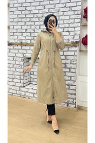 Resim Vibeys Collection Bej Içi Çizgili Ve Kendinden Astarlı Su Geçirmez Kadın Trençkot 