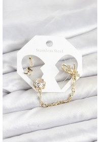Resim Pirinç Gold Renk Kelebekli Model Zincir Bağlantılı Ear Cuff Küpe Seti Çok Renkli 