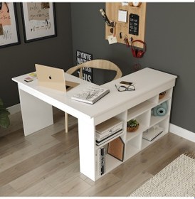 Resim Robinhome Robin Home Boston Kitaplık Raflı Çalışma Masası Ofis Masası Beyaz 