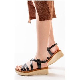 Resim 730-153 Siyah Ortopedik Hakiki Deri Dolgu Kadın Sandalet Altın - Taba 