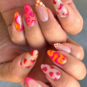 Resim 24 Adet Y2K Esinlenmiş Uzun Badem Şeklinde Yapışkanlı Tırnak Seti - Parlak, Canlı Turuncu & Karışık Renkler ile Pop Art Tasarımları Cazibeli Bir Görünüm İçin 