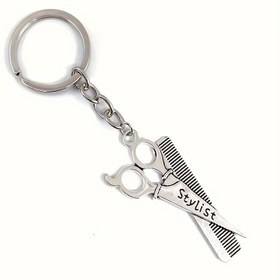 Resim 1 adet ZHAOTANGHESilveryy Retro Silveryy Saç Kesme Makası Tasarımı Anahtarlık - Punk Çinko Alaşımlı Berber Dükkanı Kolye, Çanta, Cüzdan, Araba Asılı ve Fermuar Süslemesi için Mükemmel, Cüzdan Aksesuarları, Tatil Süslemeleri Hediyesi 