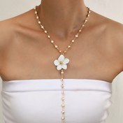 Resim 1 adet Vintage Bohemian Y-Strap Uzun Boyunluk Faux Imitation İnci ve Beyaz Çiçek Kolye ile, Kadınlar için Bakır Alaşımlı Zincir - Zarif Parti, Düğün, Tarih Hediyesi, Günlük Giyim Aksesuarı, Bohemian Takı 