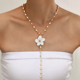 Resim 1 adet Vintage Bohemian Y-Strap Uzun Boyunluk Faux Imitation İnci ve Beyaz Çiçek Kolye ile, Kadınlar için Bakır Alaşımlı Zincir - Zarif Parti, Düğün, Tarih Hediyesi, Günlük Giyim Aksesuarı, Bohemian Takı 