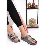 Resim Mlx 10651 Çift Toka Kadın Terlik Comfort Anatomik Kadın Ev Dışarı Terliği- Platin 