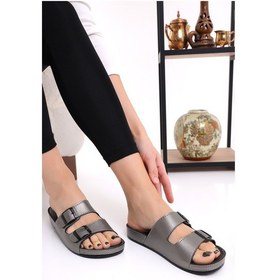 Resim Mlx 10651 Çift Toka Kadın Terlik Comfort Anatomik Kadın Ev Dışarı Terliği- Platin 