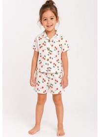 Resim Aden Kids Kiraz Desenli İnce Penye Kumaştan Üretilmiş Gömlek Yakalı Düğmeli Pijama Takım Kırmızı 