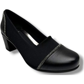 Resim Oi 260-26 Streçli Deri Şerit Taşlı Anatomik Kalın Orta Topuklu Kadın Ayakkabı Siyah 