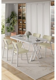 Resim Canisa Axton Serisi Sabit Mdf 90x168 Beyaz Mutfak Masa Takımı 4 Krem Sandalye Beyaz Masa Krem Sandalye 