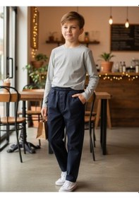 Resim Zekids Erkek Çocuk Esnek Kumaş Beli Lastikli Pantolon-16399 Lacivert 