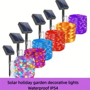Resim 1 paket Cadılar Bayramı güneş enerjili ışık zinciri, 12 metre (39 ft), 100 LED'li, 8 modlu: mor, turuncu ve mavi. Halloween'da ürkütücü bir atmosfer veya Noel süslemeleri için mükemmel. Çok renk seçeneğiyle tatil partileri için ideal 