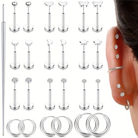 Resim Kadınlar ve Erkekler için 12 Çift İpliksiz Düz Sırt Küpeler 316L Cerrahi Çelik Hipoalerjenik CZ Çiviler - Şık Burun, Kıkırdak, Tragus, Helix, Konç, Medusa, Dudak Piercing Takısı İtme Tasarımıyla 