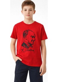 Resim Erkek Çocuk Atatürk Baskılı Tişört Kısa Kollu Bisiklet Yaka T-shirt - Kırmızı 