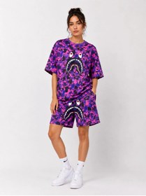 Resim GurkStore Kadın Oversize Kalıp Pubg Bape X Shark Nakışlı Cepli Şort Takım - Mor 