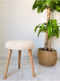 Resim WEBPANYA Gürgen Ahşap Retro Ayak Dekoratif Krem Peluş Puf Tabure Bench Koltuk Sandalye 