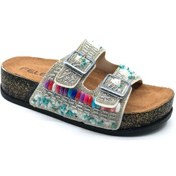 Resim Feles Çift Toka Mantar Taban Taş Detaylı Kadın Terlik Gümüş 