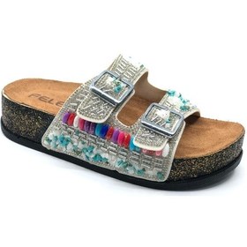 Resim Feles Çift Toka Mantar Taban Taş Detaylı Kadın Terlik Gümüş 