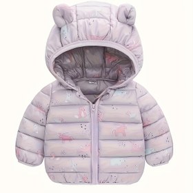 Resim Kızlar için Sevimli Dinozor Baskılı Kapüşonlu Ceket - Fermuarlı Kapanışlı Kalın Kışlık Mont, Yumuşak Polyester Dolgulu, Sonbahar/Kış İçin Normal Kalıp Kısa Uzunluk, Cadılar Bayramı ve Noel Kıyafetleri, Dinozor Giysileri, Çocuk Kış Giyimleri 