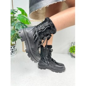 Resim Nstil Günlük Kadın Kar Botu Kürklü Bağcıklı Fermuarlı Rahat Yüksek Kalın Tırtıklı Taban Bootie 7441 