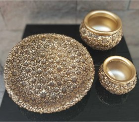 Resim Dekoratif Polyester Üçlü Tabaklı Papatyalı Vazo Seti Gold 
