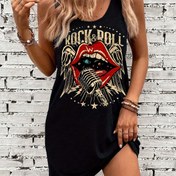Resim Kadınlar için Rock & Roll Grafikli Kolsuz Elbise - Siyah Kırmızı Dudak ve Kanat Tasarımı ile, Günlük Yaz Stili, Hafif Polyester Karışımı, Makinede Yıkanabilir 