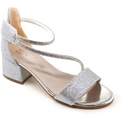 Resim Pabuçland Taş Detaylı Simli Cırtlı Kız Çocuk Topuklu Abiye Sandalet 