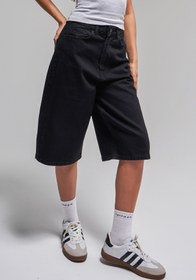 Resim Kadın Siyah Renk 1s5-1 Maxi Boy Bol Kesim %100 Koton Denim Bermuda Şort - Siyah / 36 