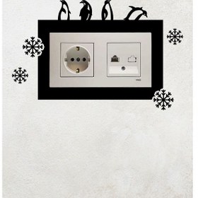 Resim Penguen Ve Kar Tanesi Tasarımlı 2li Priz Çerçevesi İç Ölçü 15,5x8,4 Cm Dekoratif Priz Çerçeve Süsü Siyah 