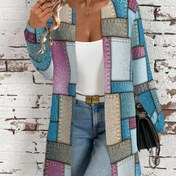 Resim Kadınların Şık Renk Bloklu Hırka - Bol Kesim Uzun Kollu Yuvarlak Yaka, Mavi, Pembe, Bej ve Yeşil Renkli Geometrik Desen, Günlük veya İşe Giderken Mükemmel, Çok Yönlü Bahar/Sonbahar Dış Giyim, Rahat Giyim Ceketi | Sanatsal Renk Bloğu | Rahat Kesim, Hırka Kazak 