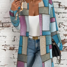 Resim Kadınların Şık Renk Bloklu Hırka - Bol Kesim Uzun Kollu Yuvarlak Yaka, Mavi, Pembe, Bej ve Yeşil Renkli Geometrik Desen, Günlük veya İşe Giderken Mükemmel, Çok Yönlü Bahar/Sonbahar Dış Giyim, Rahat Giyim Ceketi | Sanatsal Renk Bloğu | Rahat Kesim, Hırka Kazak 