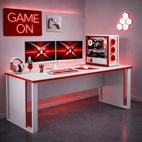 Resim Betroya Vortex Modern Oyuncu Masası 150 x 60 cm Beyaz - Kırmızı Suntalam Malzeme ile Ergonomik 
