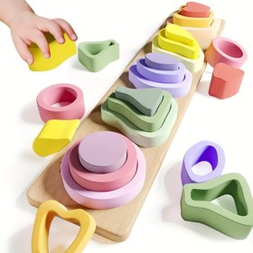 Resim Ahşap Şekil Sıralama ve İstifleme Oyuncakları, Geometrik Şekiller Tanıma Bulmacası, Erkek ve Kız Çocuklar İçin İdeal Eğitici Hediye 