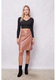 Resim Kadın Hafif Likralı Deri Yüksek Bel Diz Boy Çan Etek-camel CAMEL 